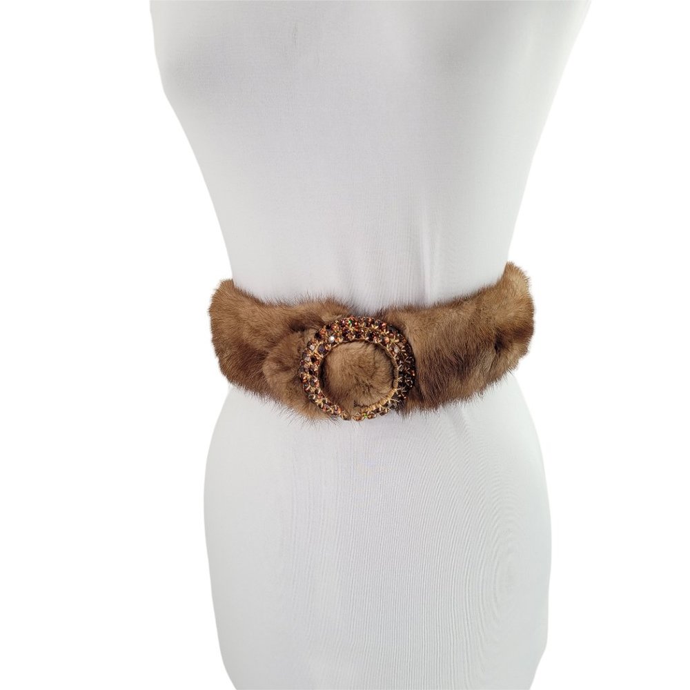 DO NOT BUY Vintage Genuine Mink Fur Belt with Rhinestone Belt Buckle Retro Belts